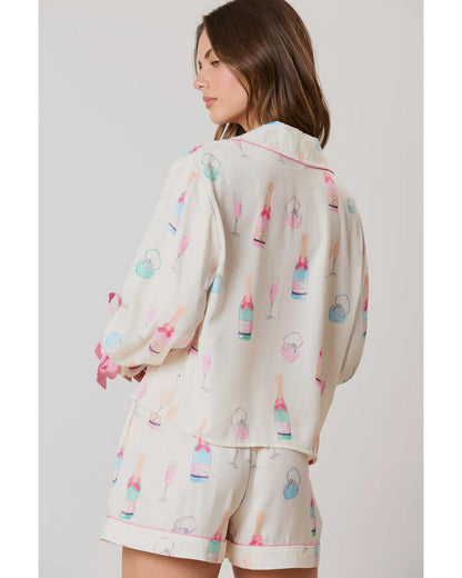 Azura Exchange White Christmas Wine Glass Print Bow Knot Two Piece Pajama Set - 2XL