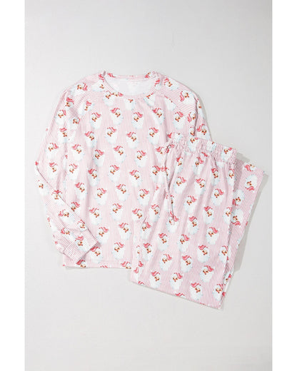 Pink Santa Claus Striped Print Loose Fit Two Piece Lounge Set - XL