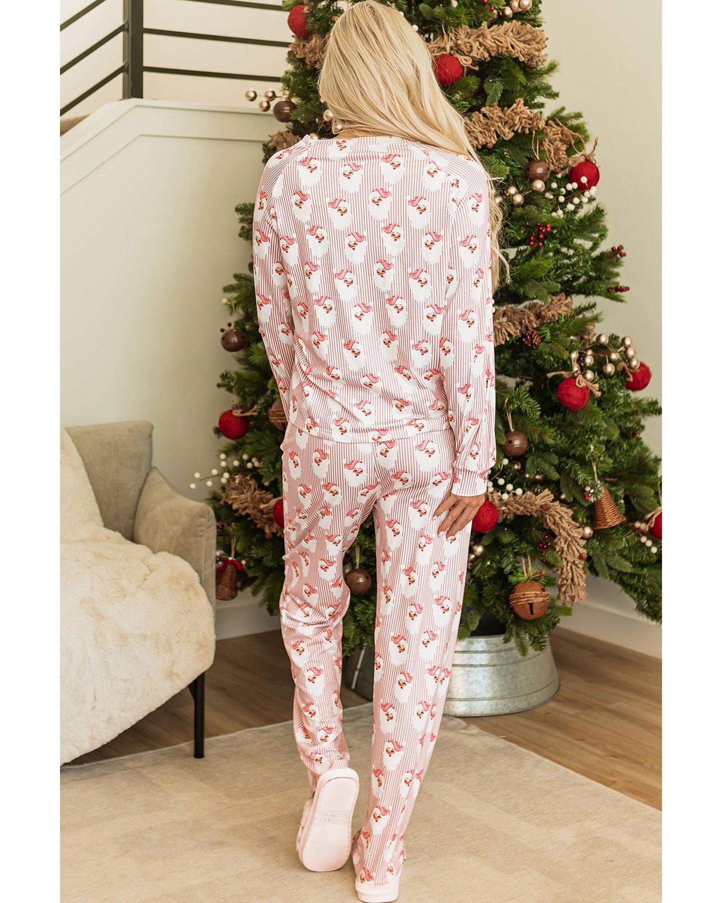 Pink Santa Claus Striped Print Loose Fit Two Piece Lounge Set - XL