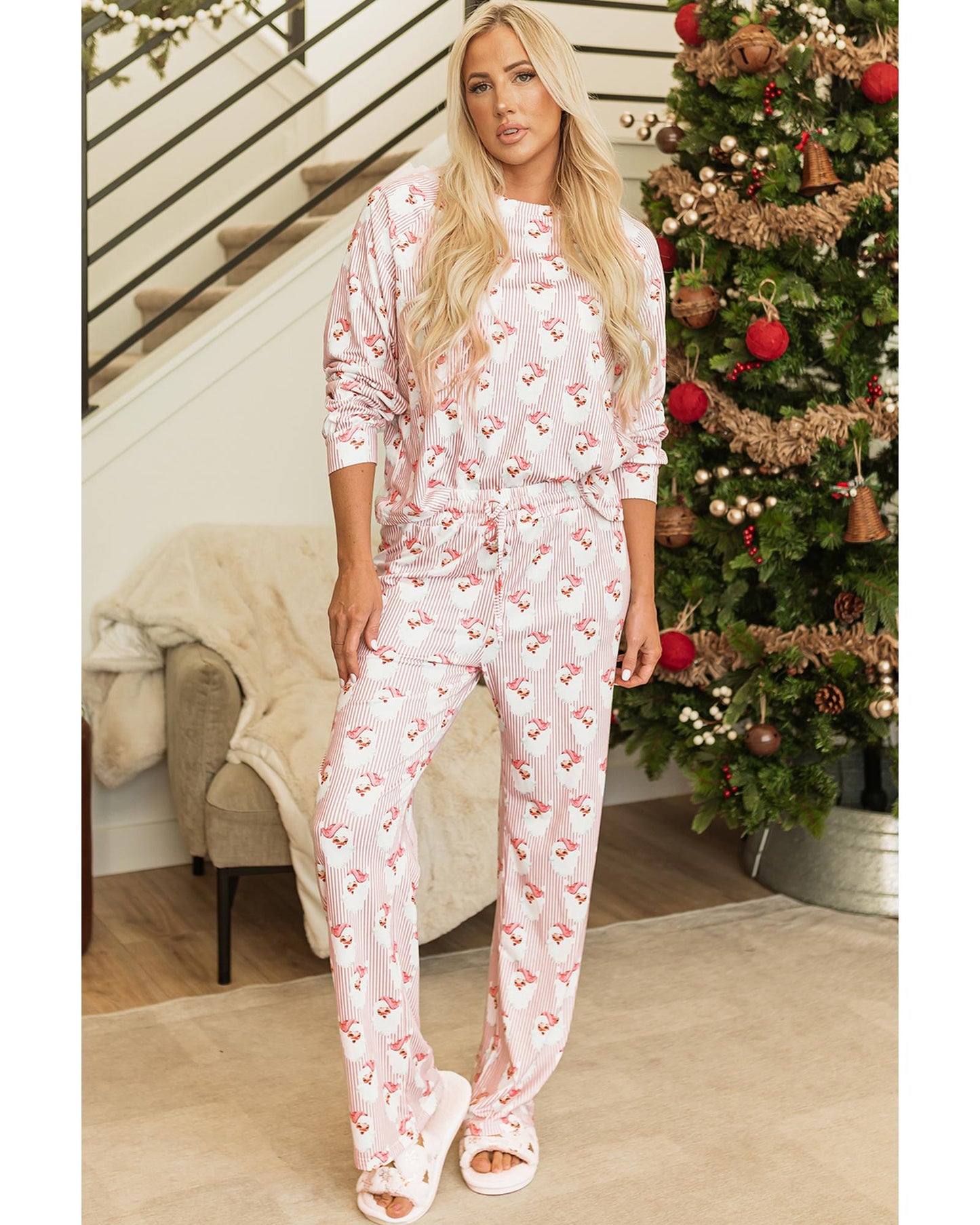 Pink Santa Claus Striped Print Loose Fit Two Piece Lounge Set - XL