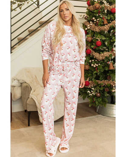 Pink Santa Claus Striped Print Loose Fit Two Piece Lounge Set - XL