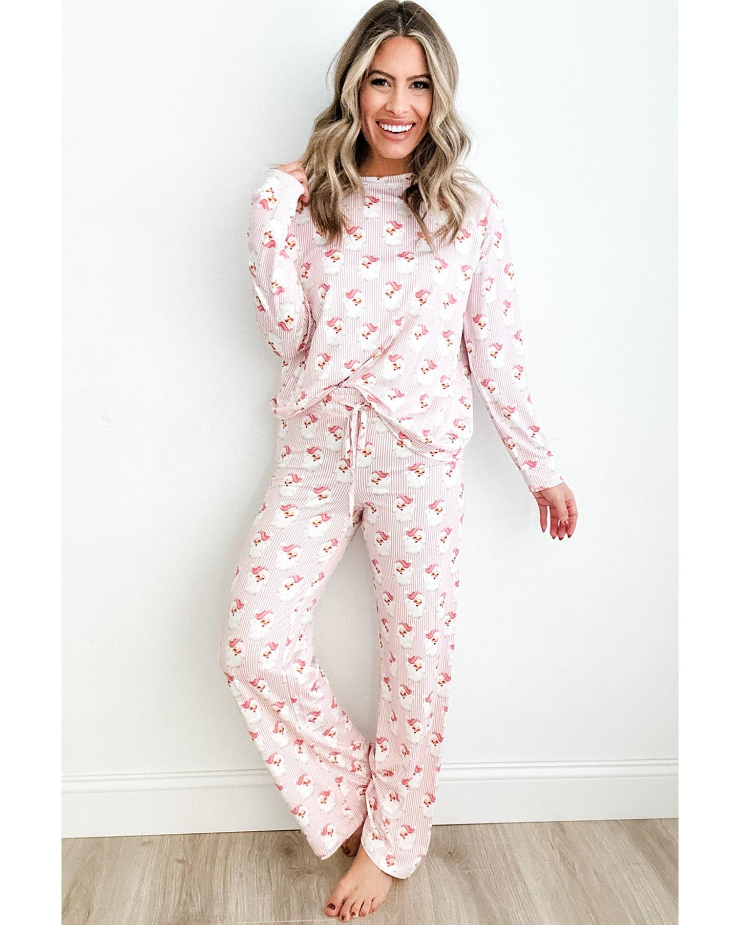 Pink Santa Claus Striped Print Loose Fit Two Piece Lounge Set - XL