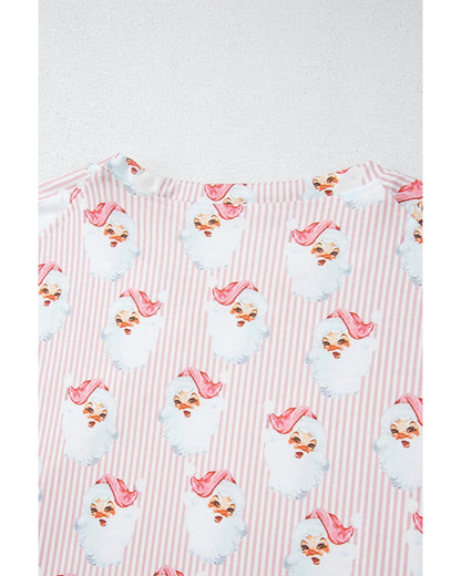 Pink Santa Claus Striped Print Loose Fit Two Piece Lounge Set - XL