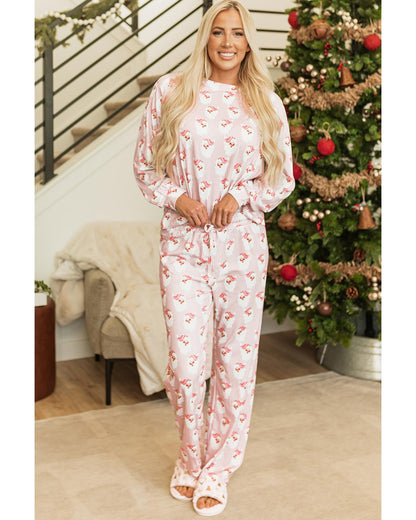 Pink Santa Claus Striped Print Loose Fit Two Piece Lounge Set - XL