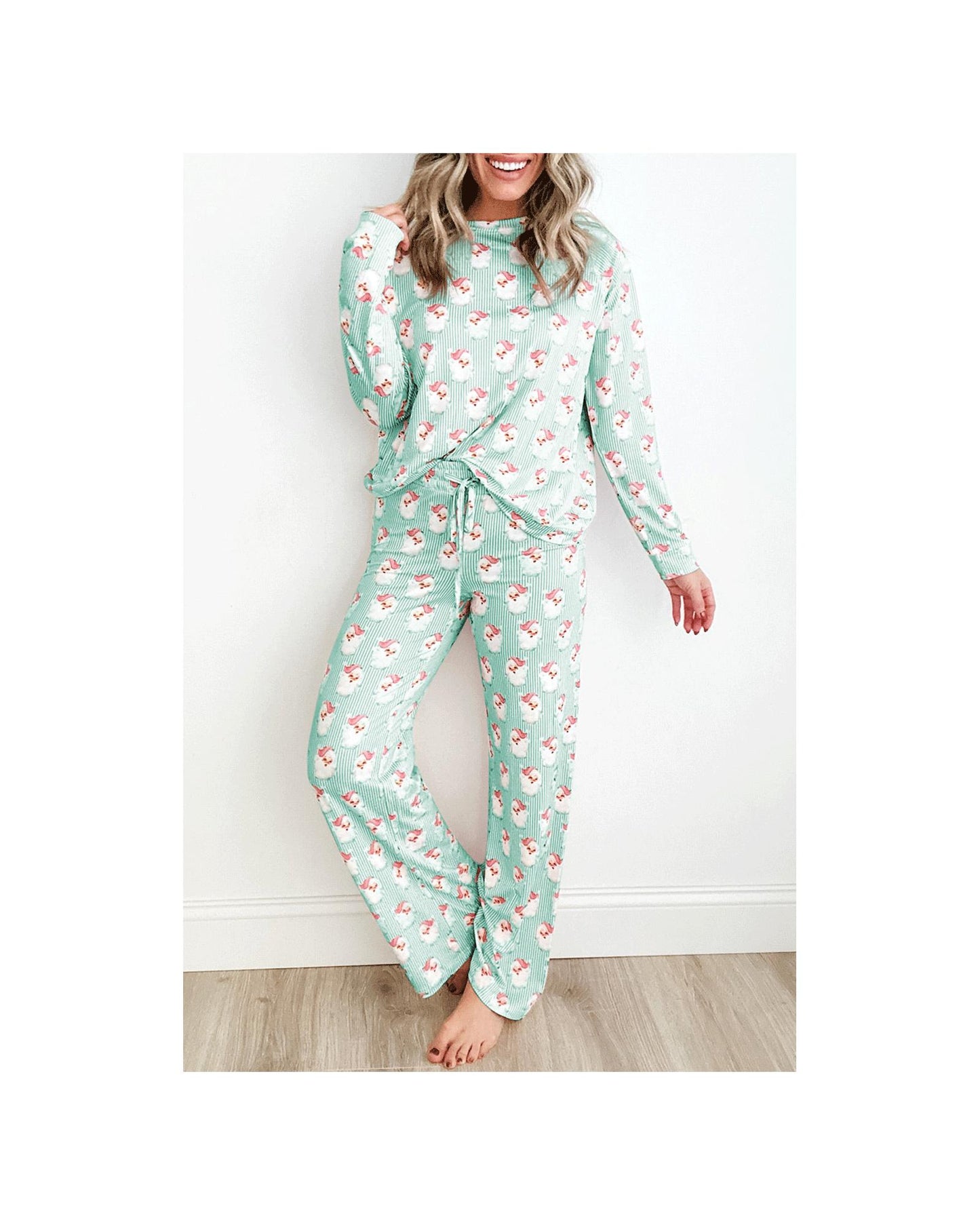 Green Santa Claus Striped Print Loose Fit Two Piece Lounge Set - S