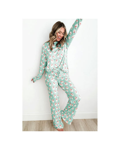 Green Santa Claus Striped Print Loose Fit Two Piece Lounge Set - S