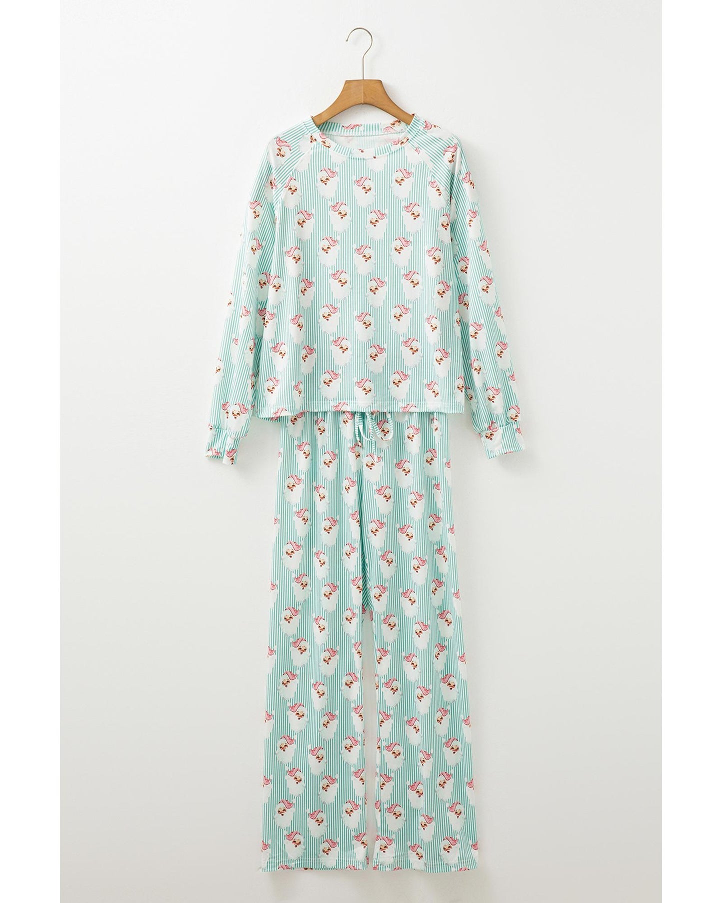 Green Santa Claus Striped Print Loose Fit Two Piece Lounge Set - S