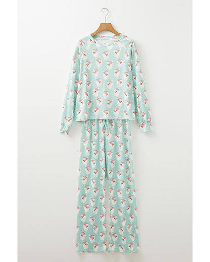 Green Santa Claus Striped Print Loose Fit Two Piece Lounge Set - S