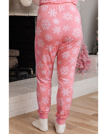 Pink Christmas Snowflake Print Two Piece Loungewear - M