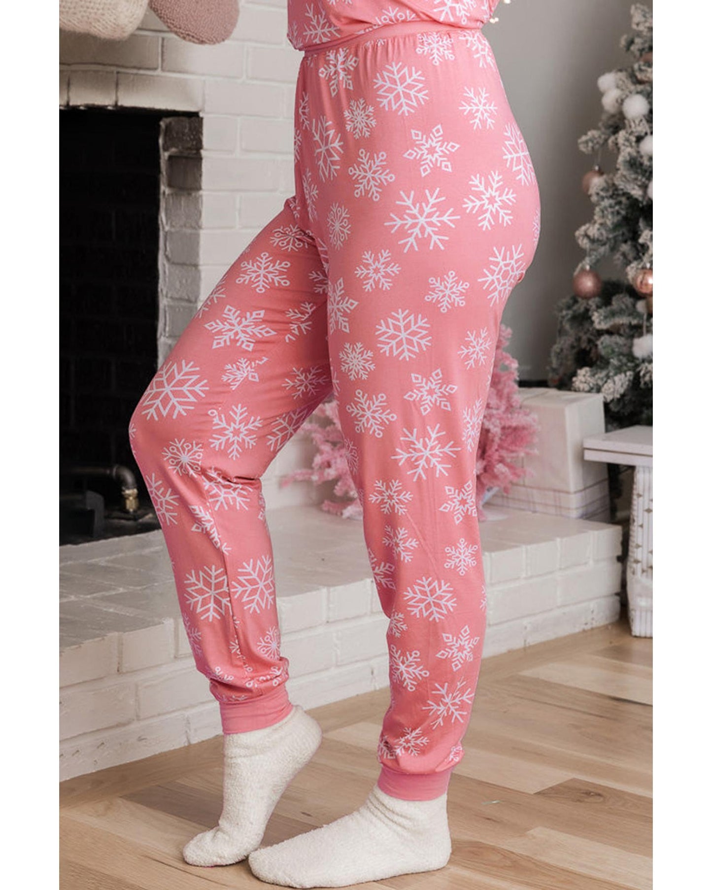Pink Christmas Snowflake Print Two Piece Loungewear - M