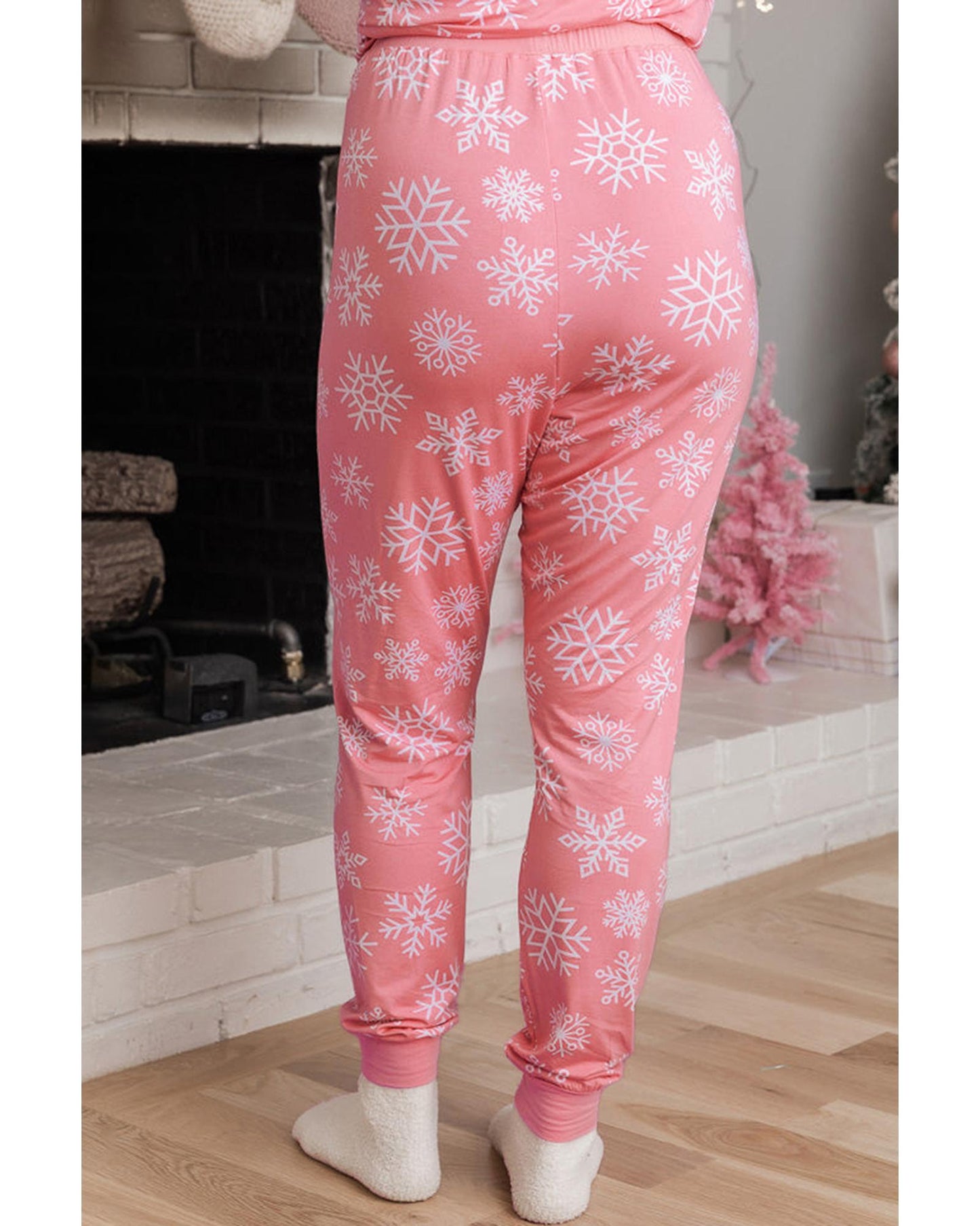 Pink Christmas Snowflake Print Two Piece Loungewear - M