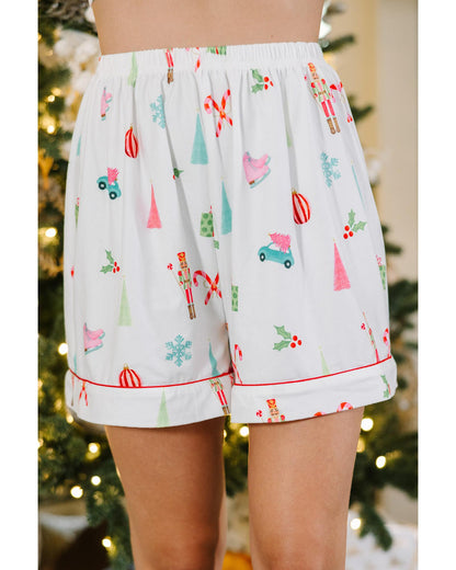 White Christmas Print Short Sleeve Shirt and Shorts Pajama Set - M