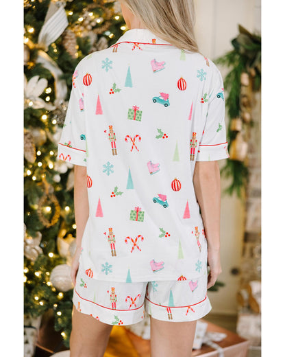White Christmas Print Short Sleeve Shirt and Shorts Pajama Set - M