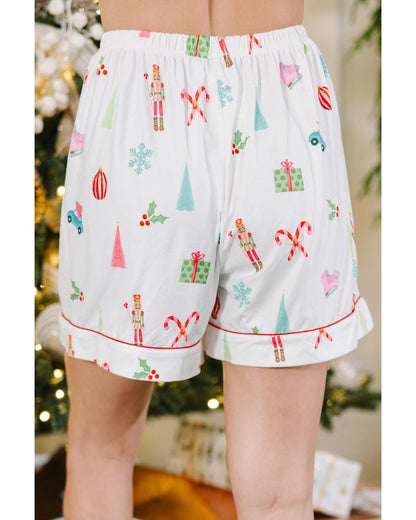 White Christmas Print Short Sleeve Shirt and Shorts Pajama Set - M