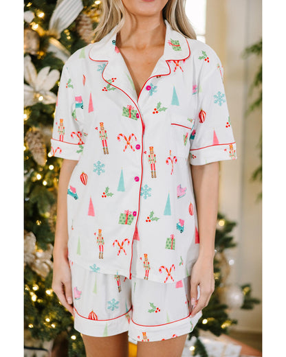 White Christmas Print Short Sleeve Shirt and Shorts Pajama Set - M