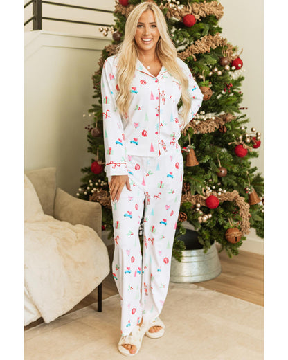 White Christmas Print Lapel Shirt and Pants Sleepwear - S