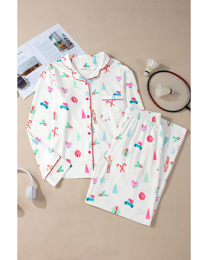 White Christmas Print Lapel Shirt and Pants Sleepwear - S