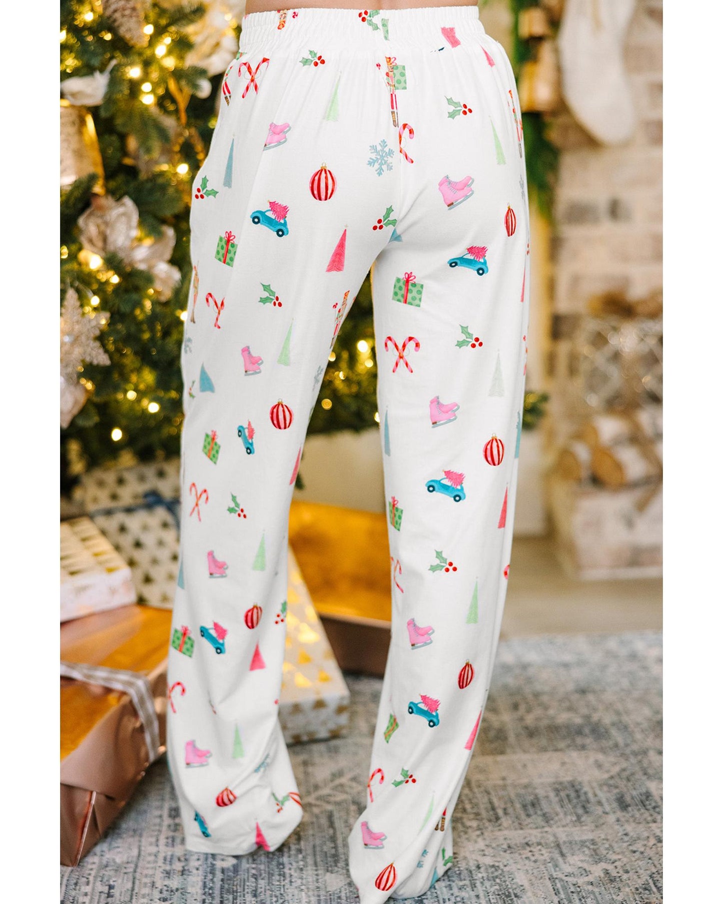 White Christmas Print Lapel Shirt and Pants Sleepwear - S
