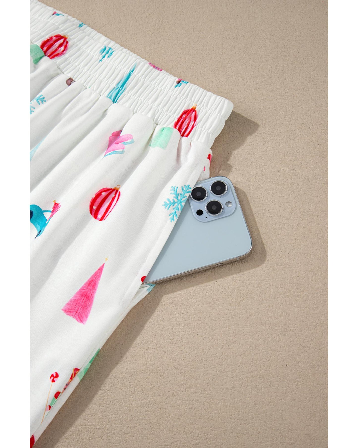 White Christmas Print Lapel Shirt and Pants Sleepwear - S