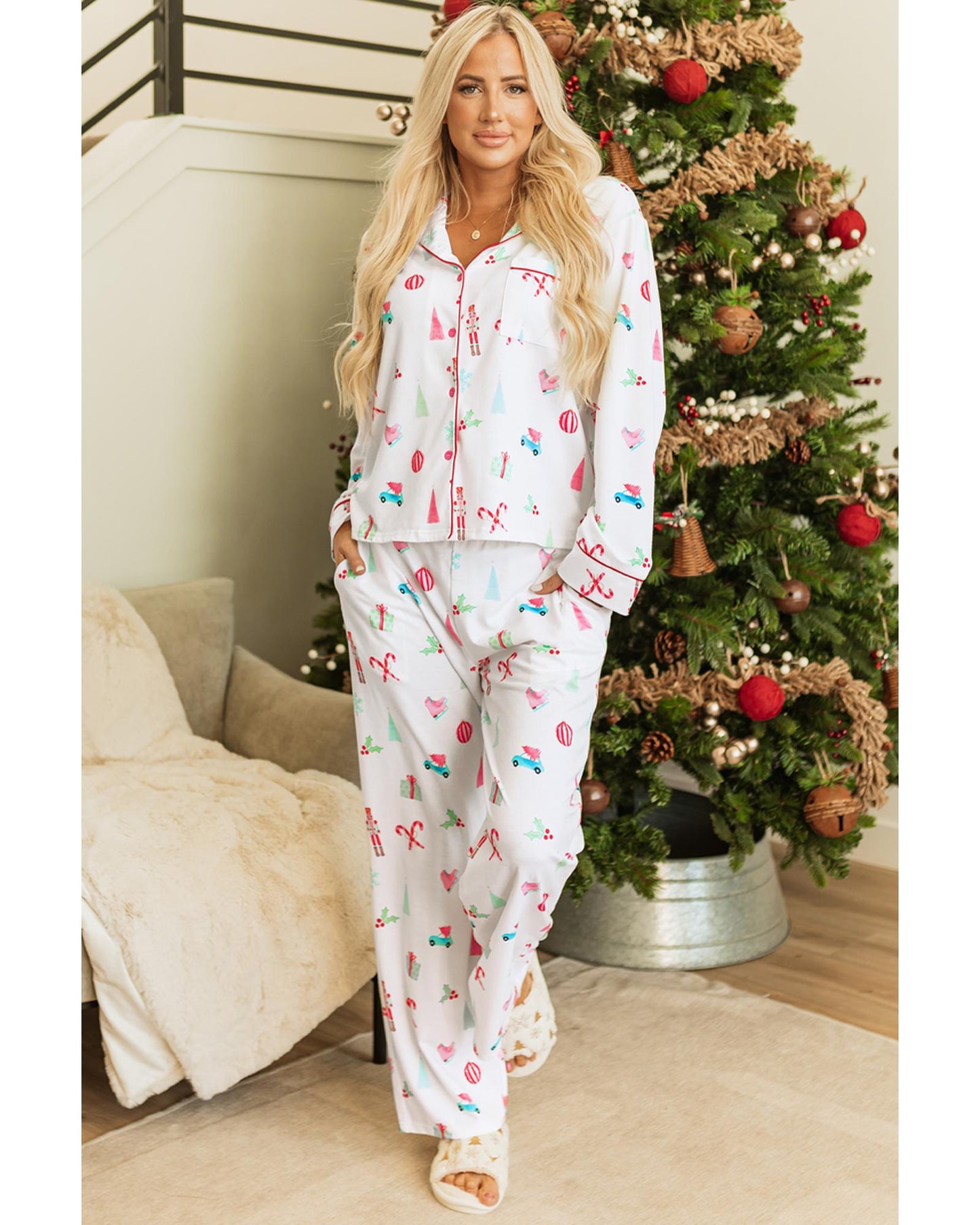 White Christmas Print Lapel Shirt and Pants Sleepwear - S