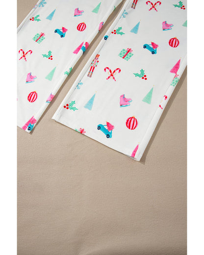 White Christmas Print Lapel Shirt and Pants Sleepwear - S