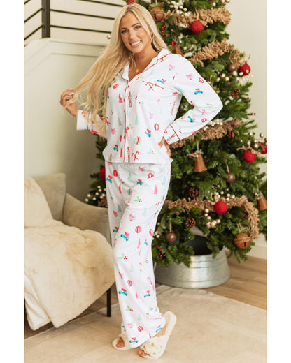White Christmas Print Lapel Shirt and Pants Sleepwear - S