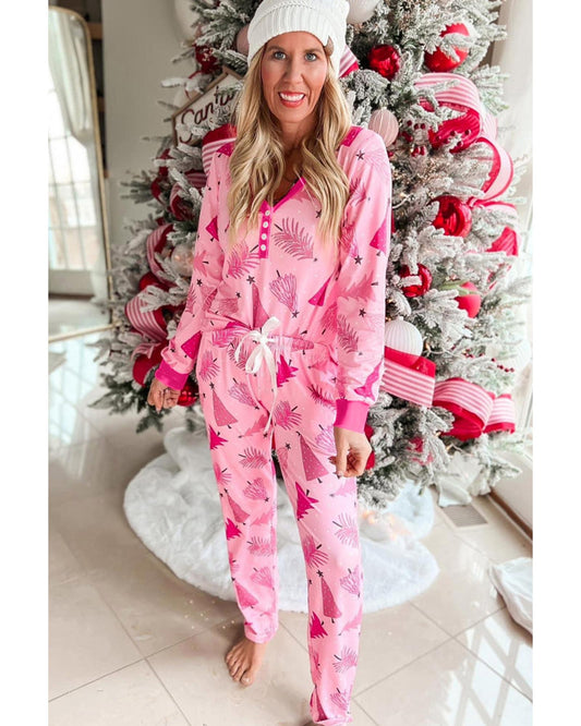 Pink Christmas Tree Print V Neck Buttoned Pullover and Drawstring Pants Lounge Set - M