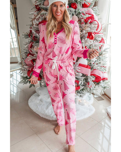 Pink Christmas Tree Print V Neck Buttoned Pullover and Drawstring Pants Lounge Set - M