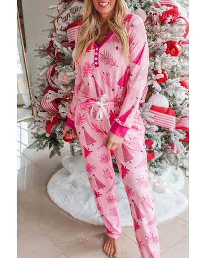 Pink Christmas Tree Print V Neck Buttoned Pullover and Drawstring Pants Lounge Set - M