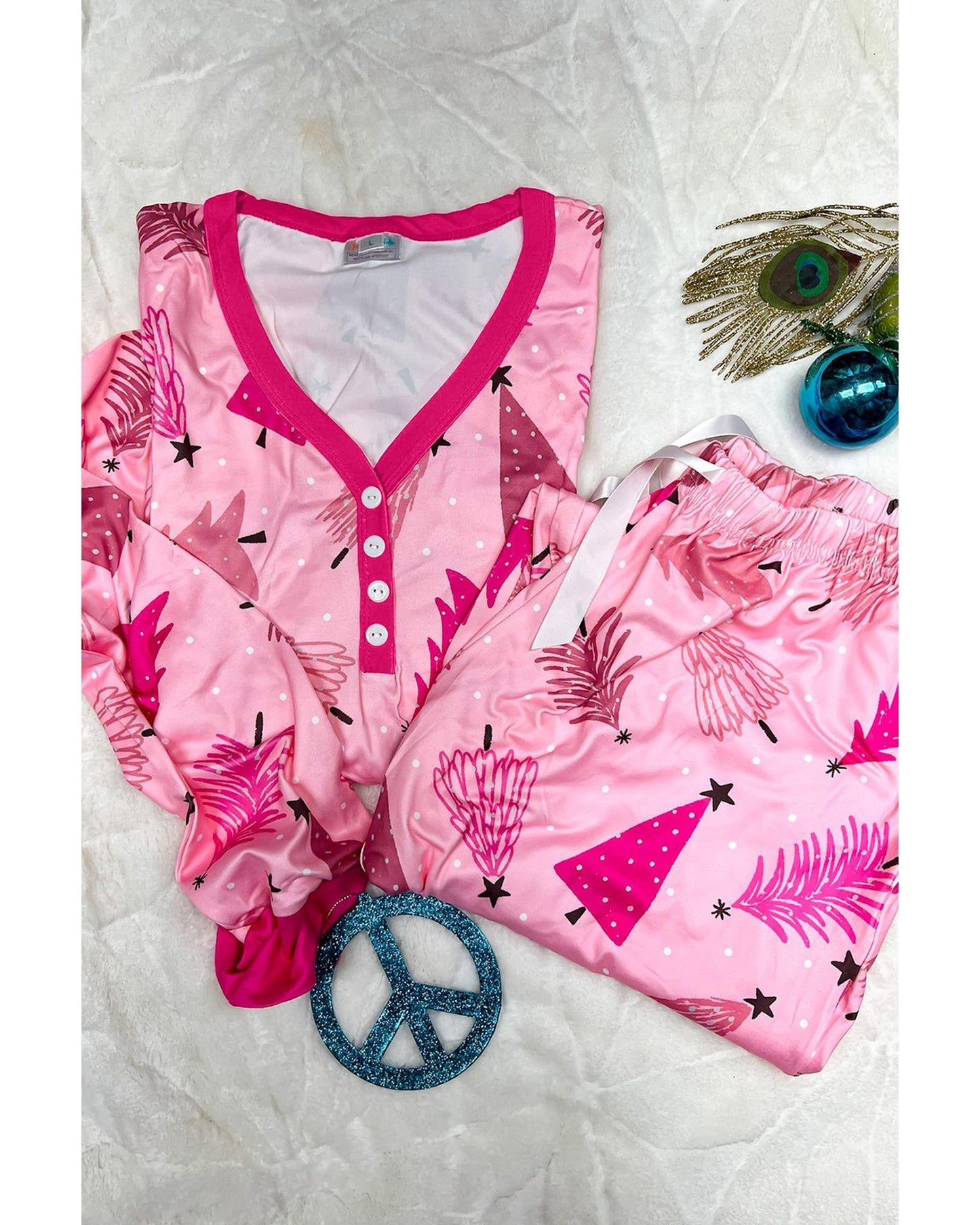 Pink Christmas Tree Print V Neck Buttoned Pullover and Drawstring Pants Lounge Set - M
