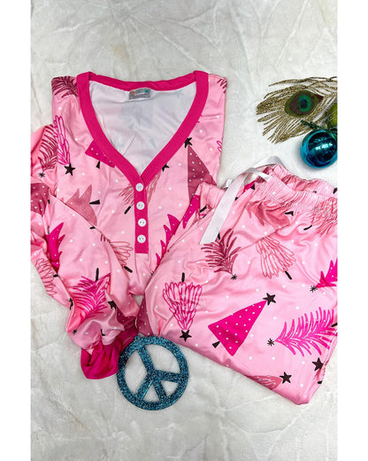 Pink Christmas Tree Print V Neck Buttoned Pullover and Drawstring Pants Lounge Set - M