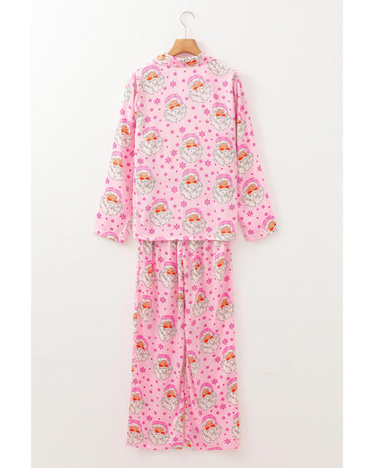 Pink Santa Claus Snowflake Long Sleeve Shirt Christmas Pajama Set - M