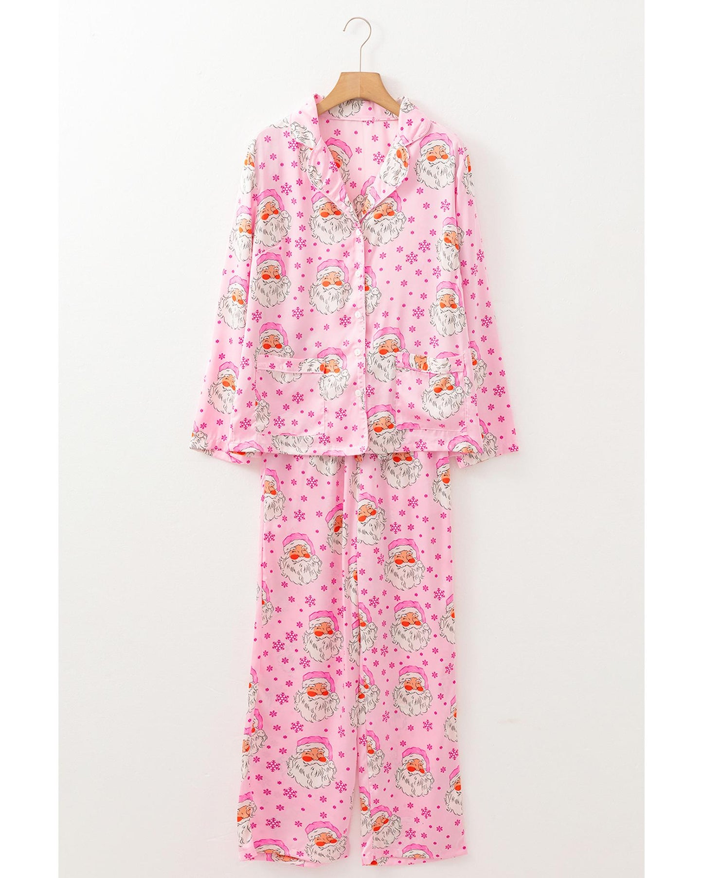 Pink Santa Claus Snowflake Long Sleeve Shirt Christmas Pajama Set - M
