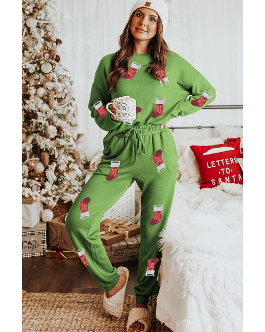 Spinach Green Sequin Christmas Stockings Graphic Two Piece Lounge Set - M