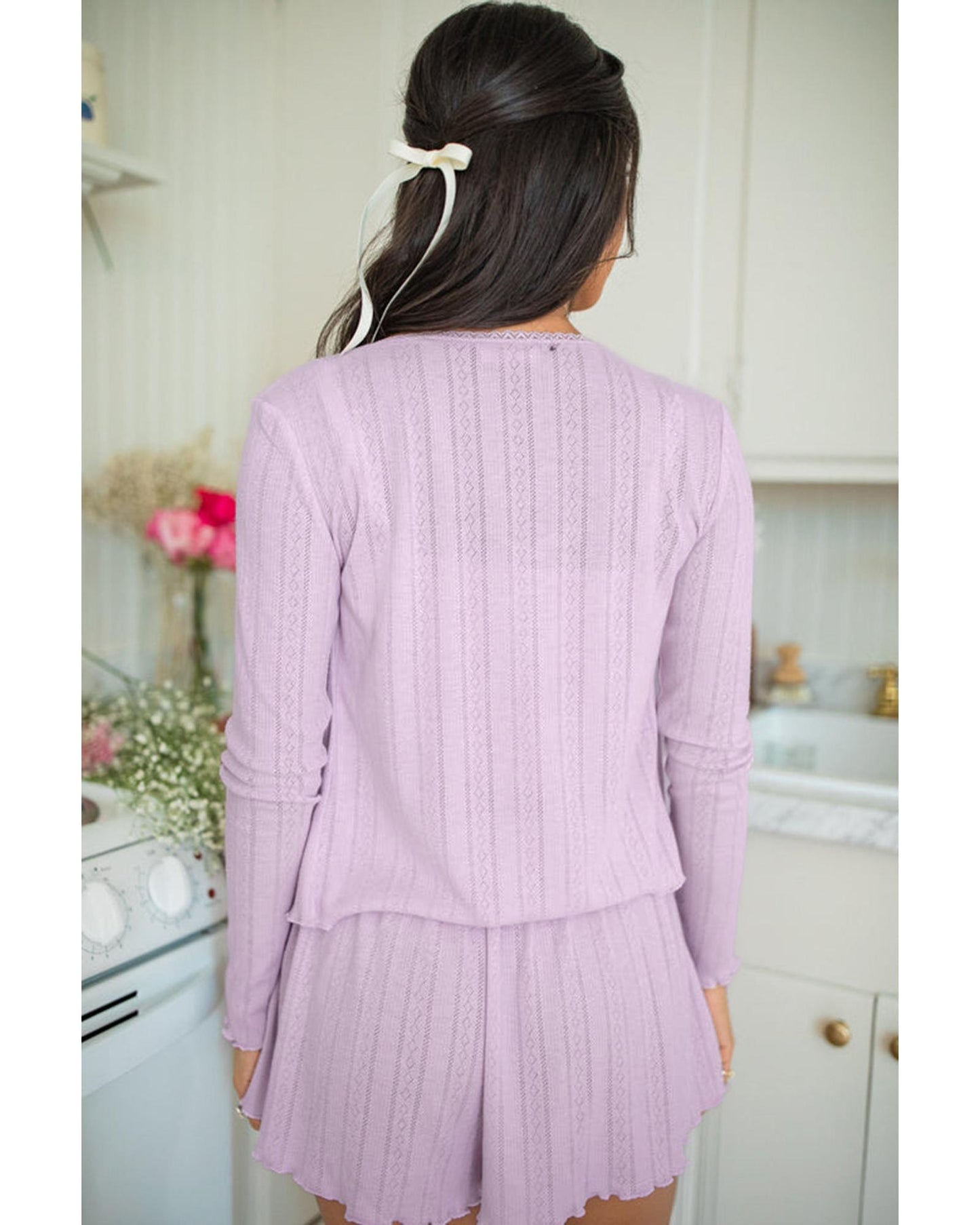 Orchid Petal Delicate Texture Cropped Cami Shorts and Cardigan 3pcs Lounge Set - S