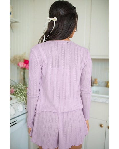 Orchid Petal Delicate Texture Cropped Cami Shorts and Cardigan 3pcs Lounge Set - S