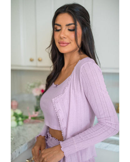 Orchid Petal Delicate Texture Cropped Cami Shorts and Cardigan 3pcs Lounge Set - S