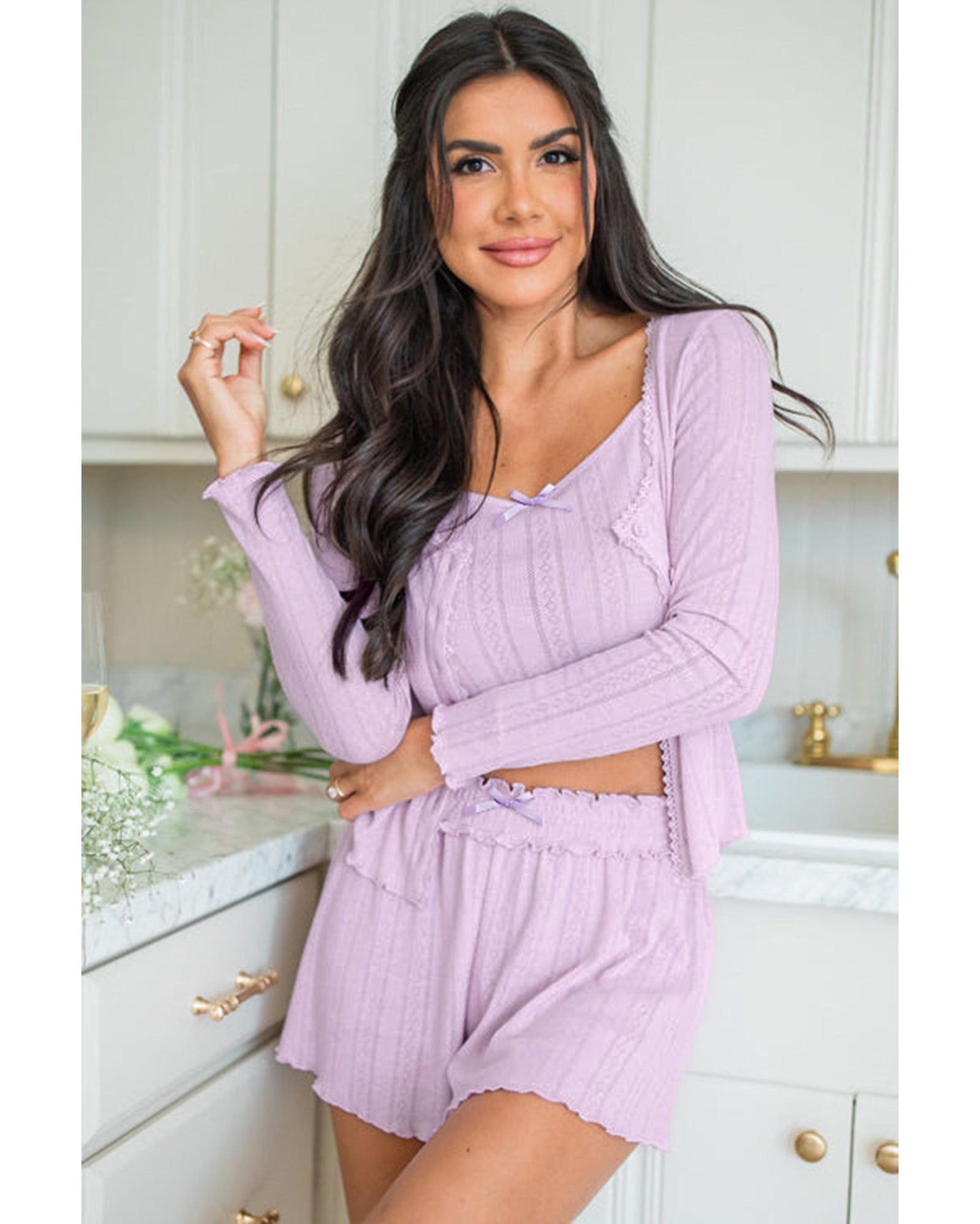 Orchid Petal Delicate Texture Cropped Cami Shorts and Cardigan 3pcs Lounge Set - S