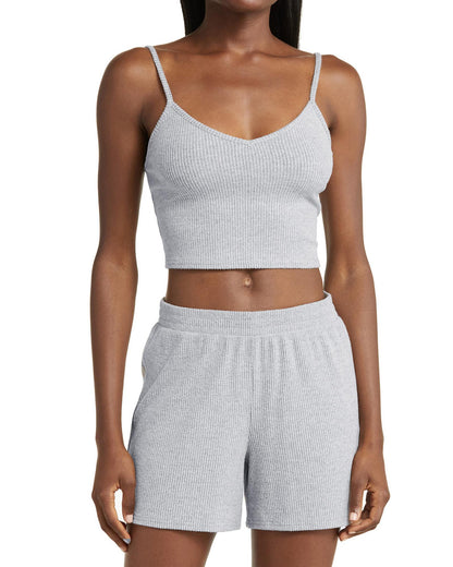 Light Grey 3 Pieces Rib Crop Camisole Matching Shorts Lounge Set with Cardigan - M