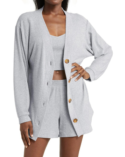 Light Grey 3 Pieces Rib Crop Camisole Matching Shorts Lounge Set with Cardigan - M