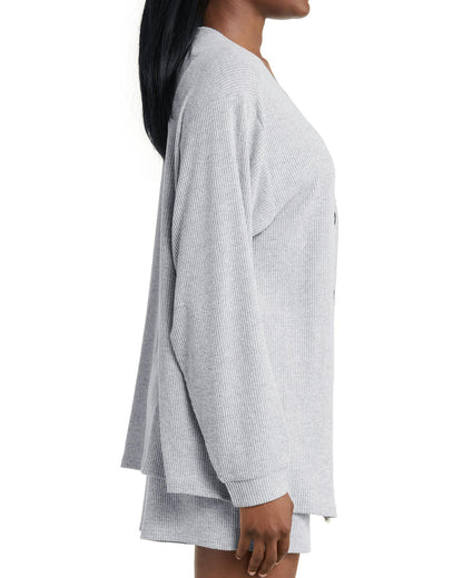 Light Grey 3 Pieces Rib Crop Camisole Matching Shorts Lounge Set with Cardigan - M