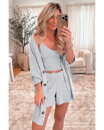 Light Grey 3 Pieces Rib Crop Camisole Matching Shorts Lounge Set with Cardigan - M