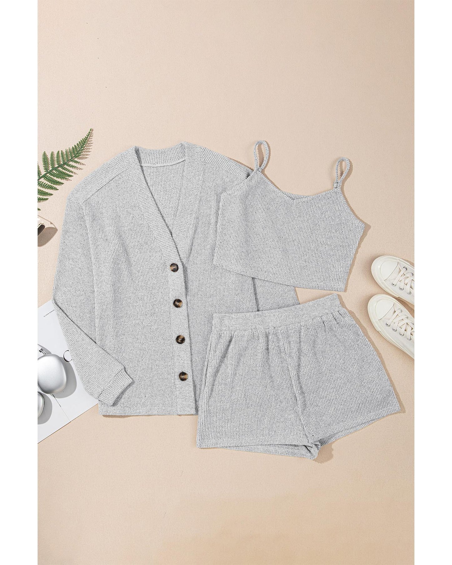 Light Grey 3 Pieces Rib Crop Camisole Matching Shorts Lounge Set with Cardigan - M