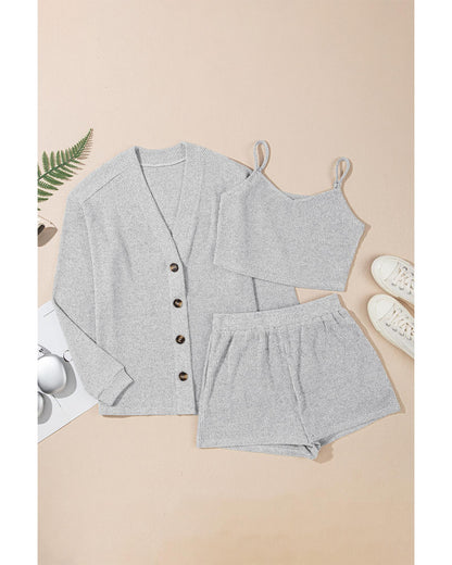 Light Grey 3 Pieces Rib Crop Camisole Matching Shorts Lounge Set with Cardigan - M