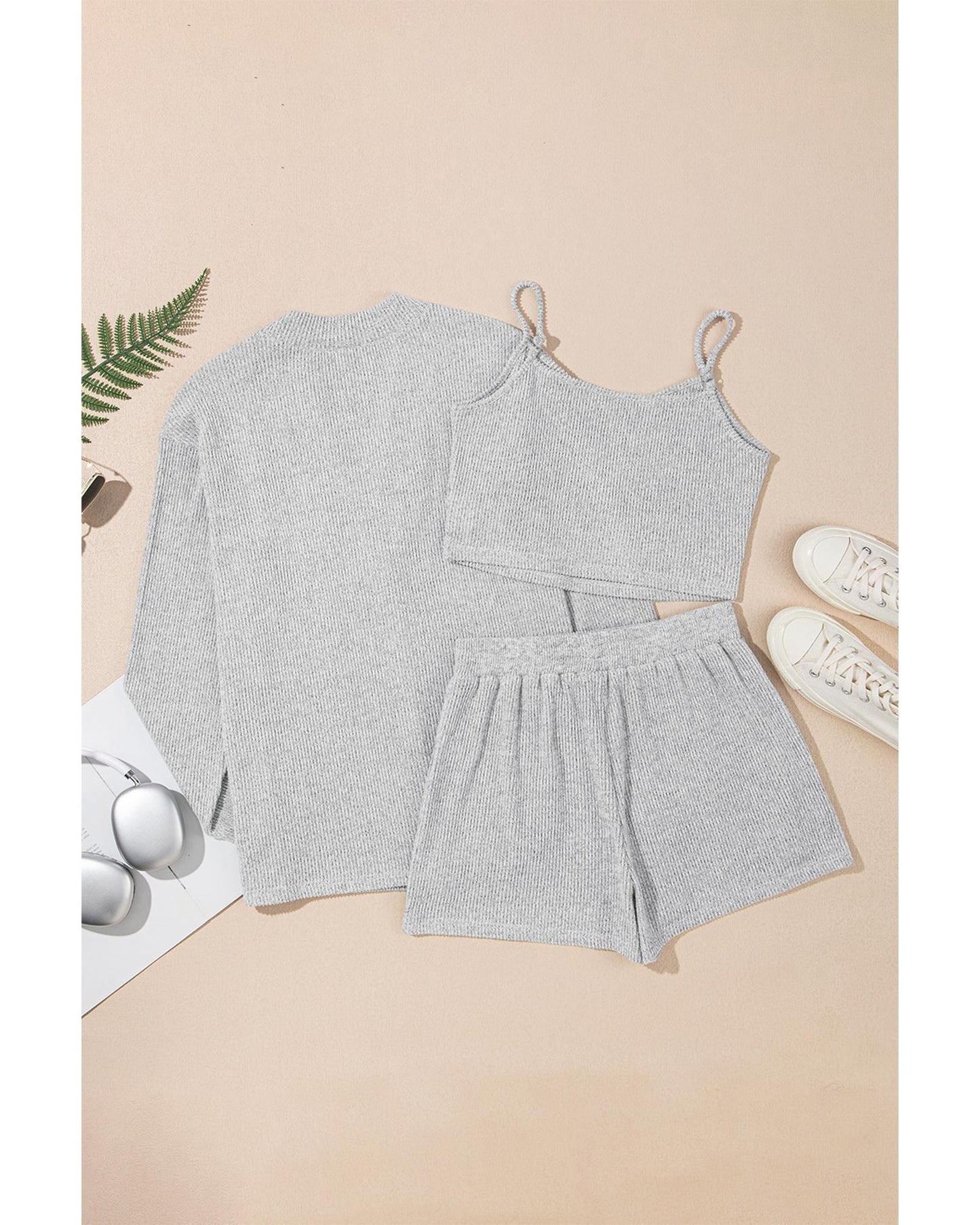 Light Grey 3 Pieces Rib Crop Camisole Matching Shorts Lounge Set with Cardigan - M