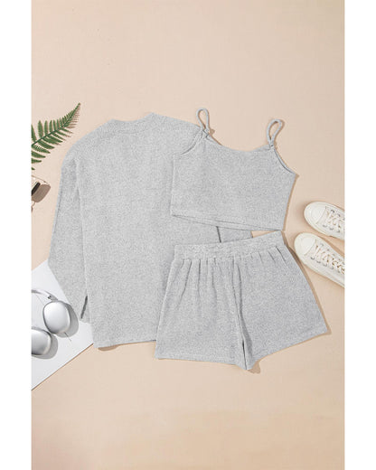 Light Grey 3 Pieces Rib Crop Camisole Matching Shorts Lounge Set with Cardigan - M