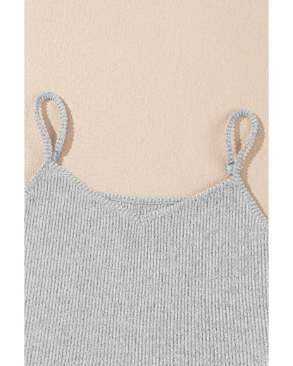 Light Grey 3 Pieces Rib Crop Camisole Matching Shorts Lounge Set with Cardigan - M