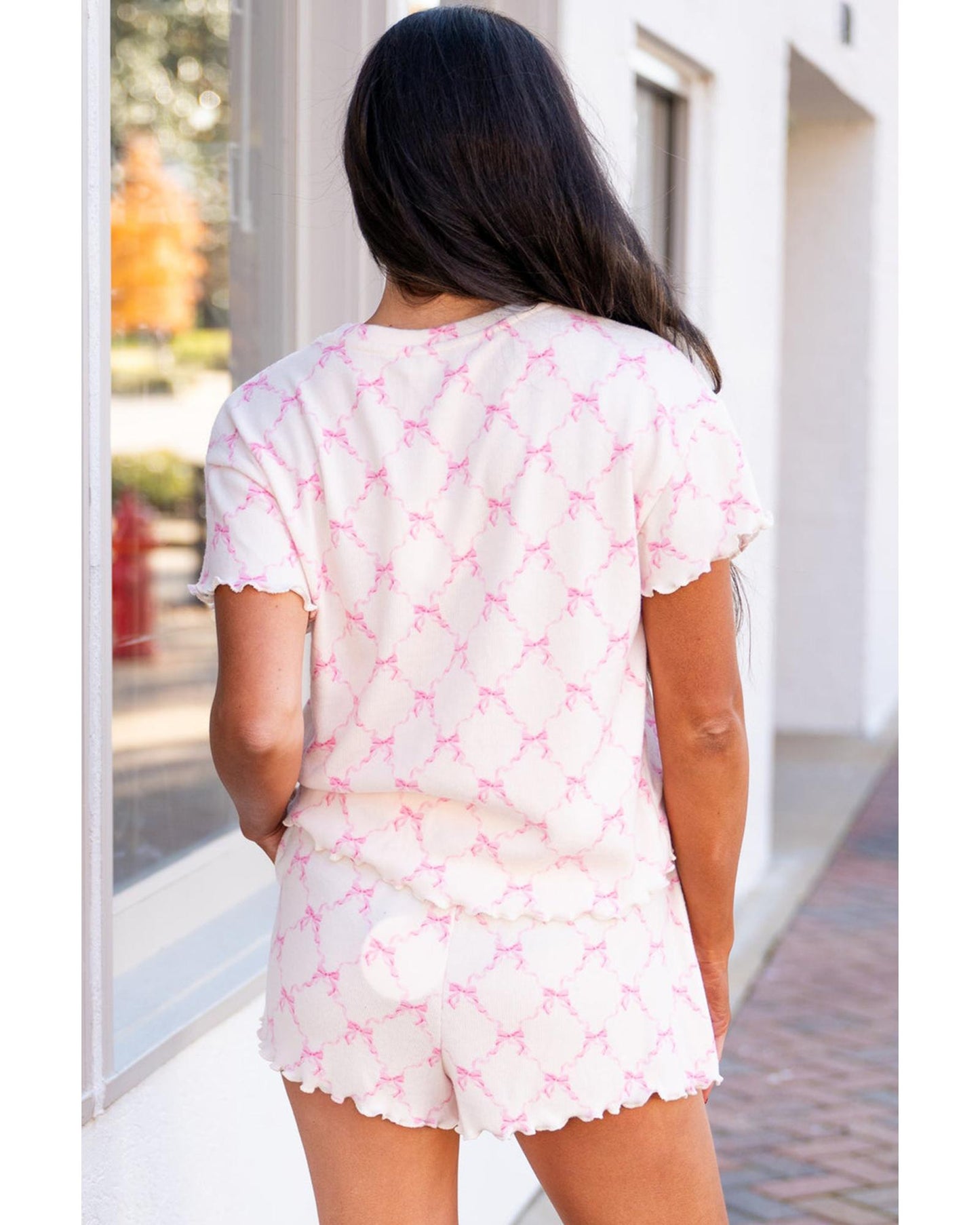 Pink Bow Knot Geometric Print Lettuce Trim Two Piece Lounge Set - S