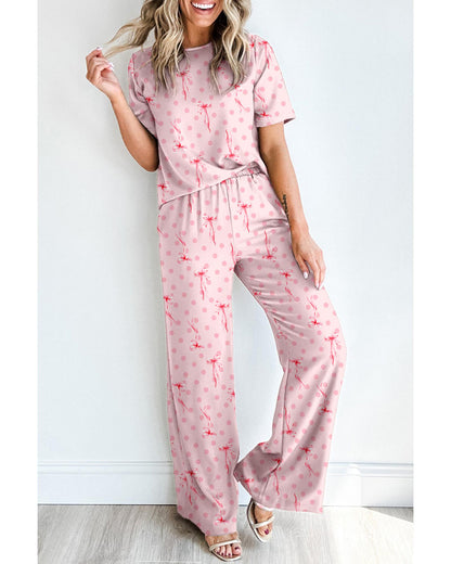 Pink Bow Knot Polka Dot Print Short Sleeve Top Lounge Set - S