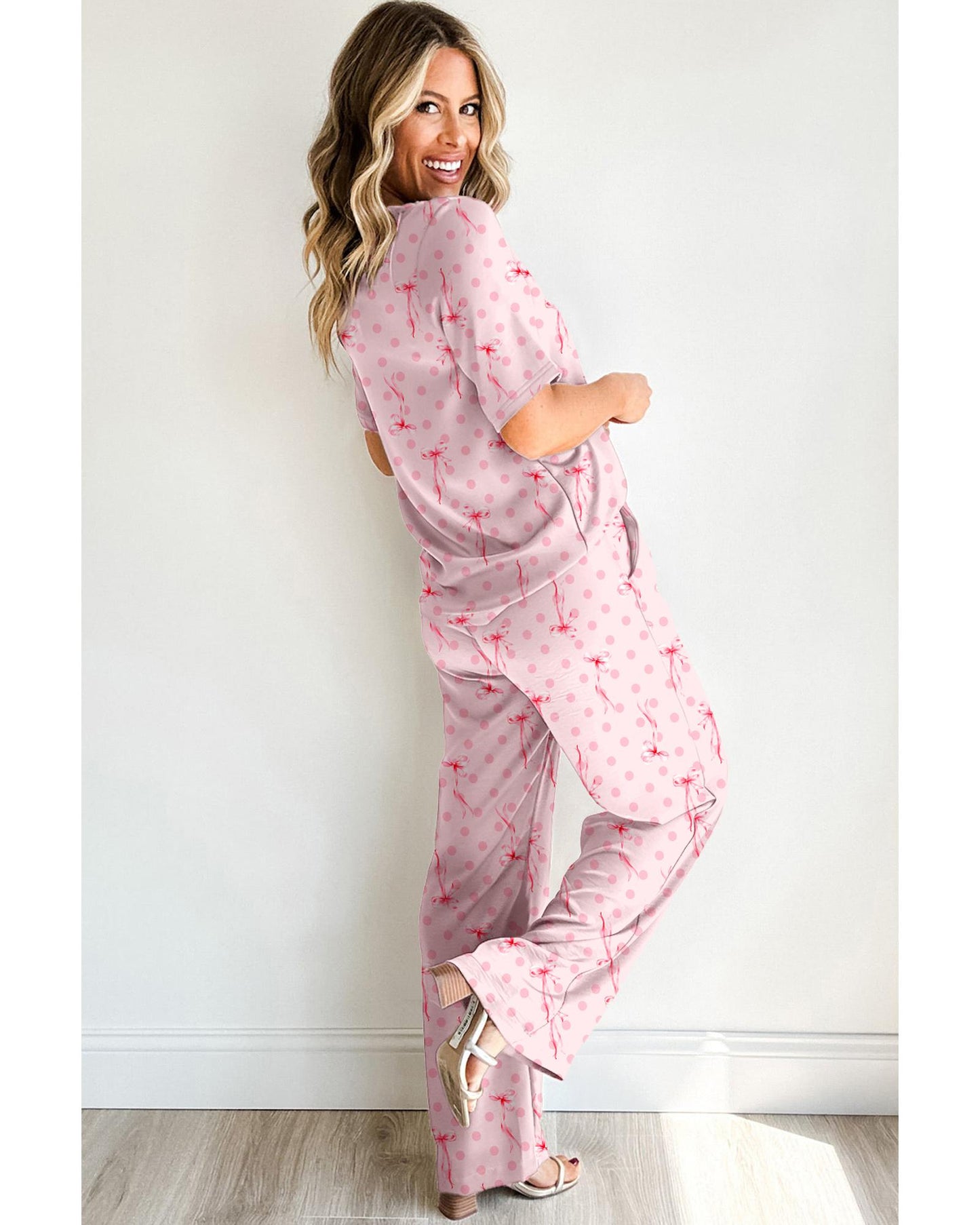 Pink Bow Knot Polka Dot Print Short Sleeve Top Lounge Set - S